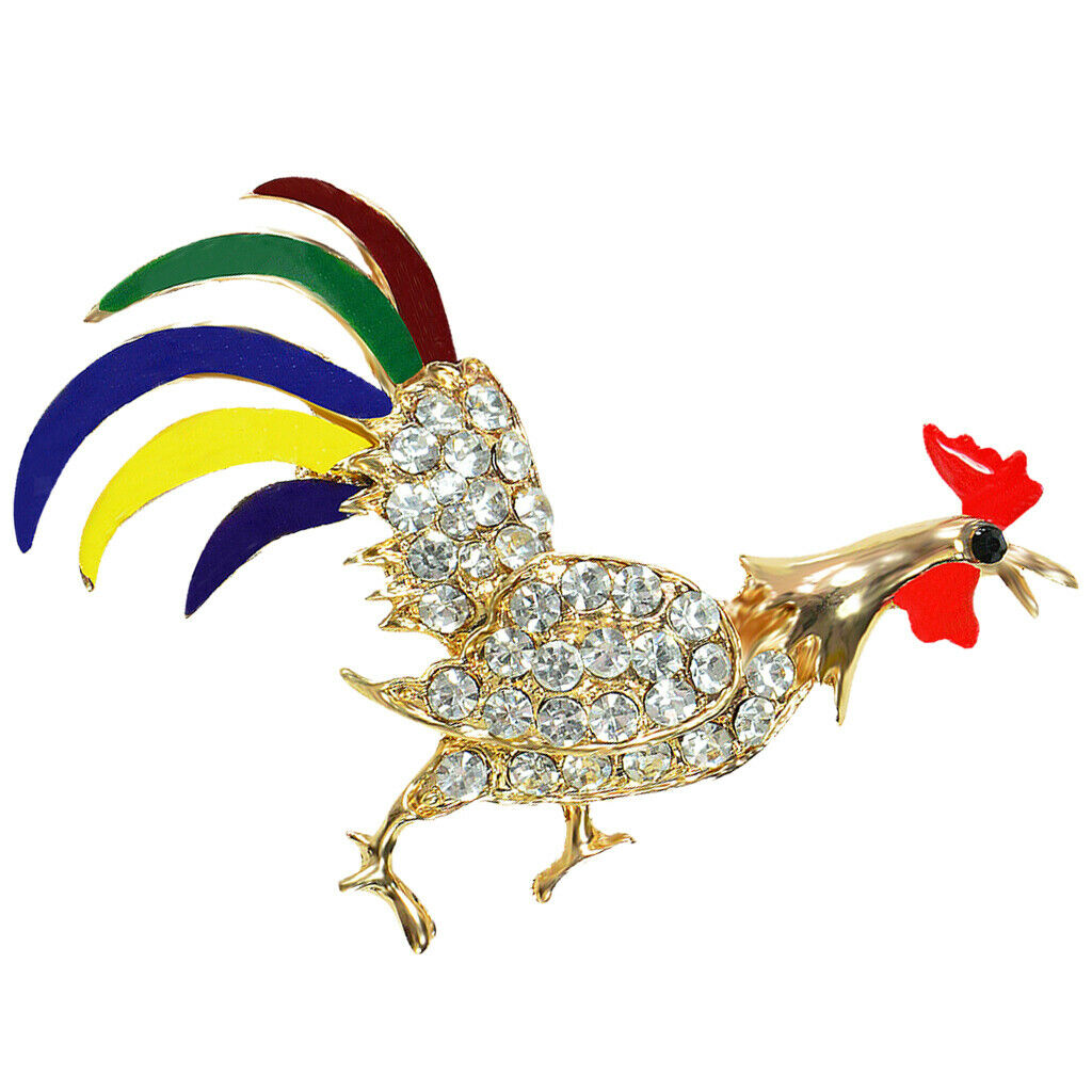 Rooster Cock Brooch Pin Zodiac Animal Enamel with Sparkling Zircons golden
