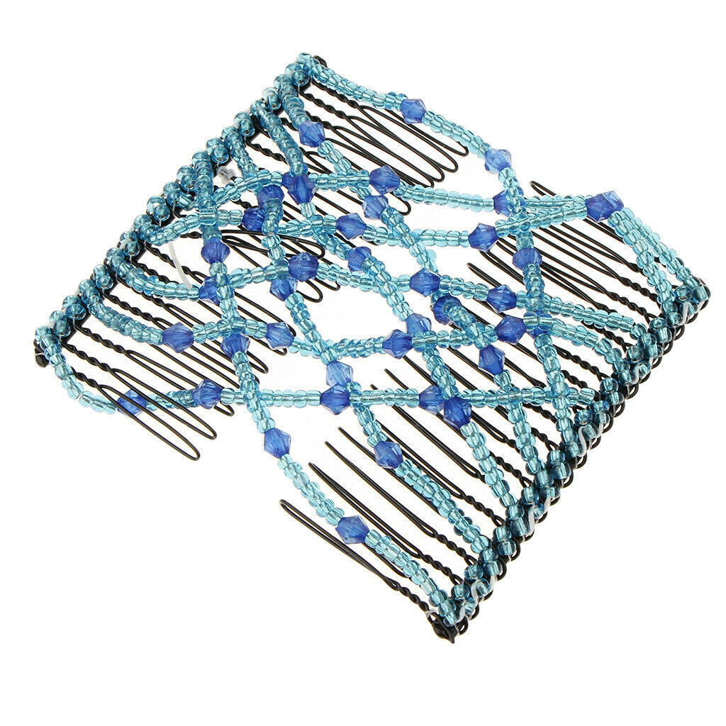 Women's Double Hair Comb Clips Magic Beads Stretchy Hair Styling Tools Blue