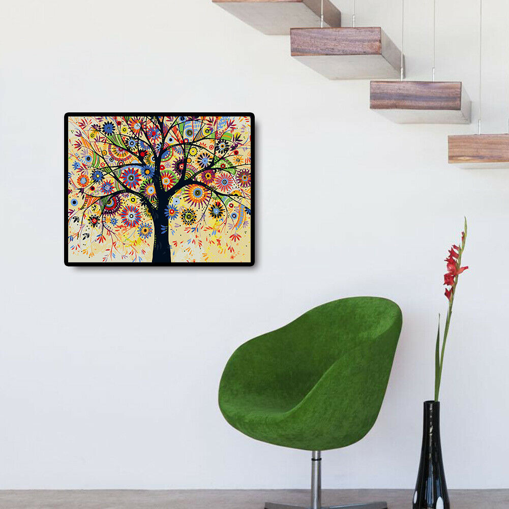 Hand Painted DIY Painting By Numbers Colorful Tree Wall Art Craft Picture @