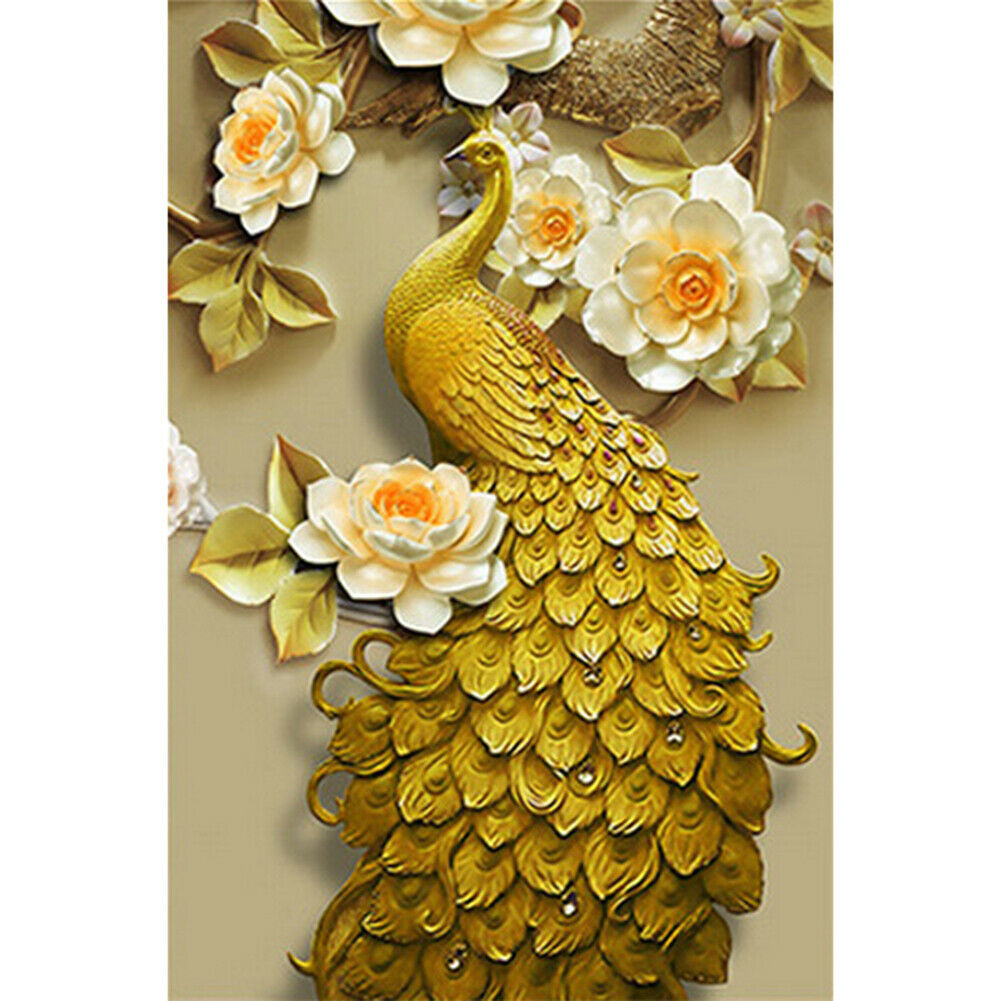 5D DIY Diamond Painting Golden Peafowl Flower Full Round Drill Embroidery  @
