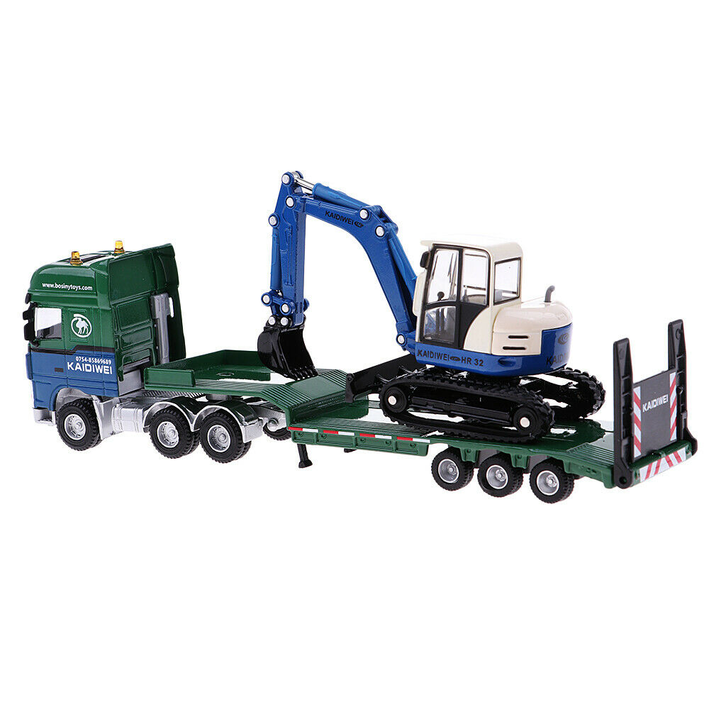 1/50 kids party play pull push alloy flatbed trailer + excavator