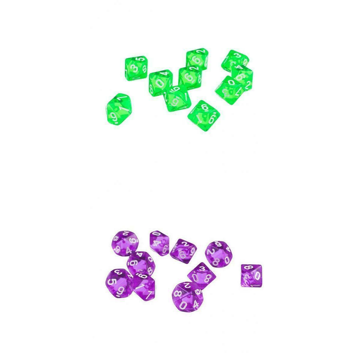20x 10 Sided Dice D10 Transparent Polyhedral Dice For D&D RPG Green&Purple