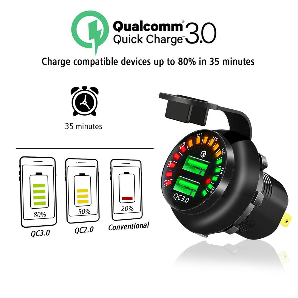 Dual USB Quick Charge 3.0 Car Charger 12V/24V 36W Waterproof Fast Charger Socket