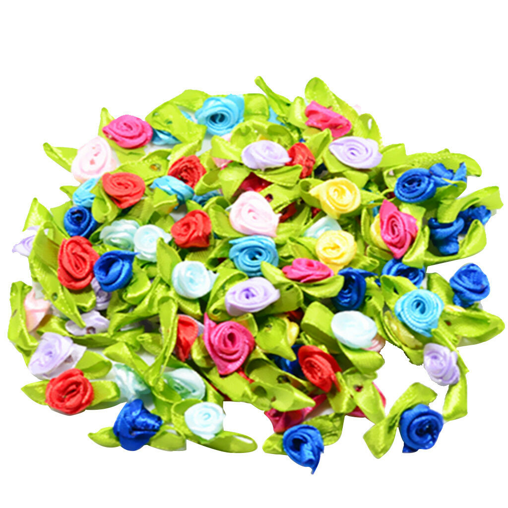 200pcs Satin Tiny Rose Bud Ribbon Decor Flowers Sewing Applique DIY Hairband