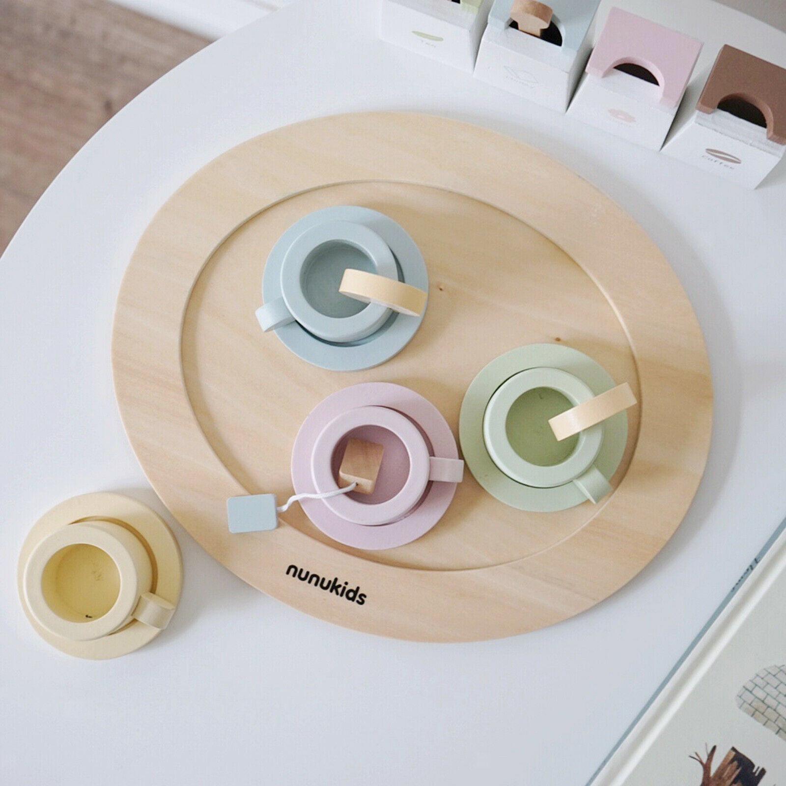 Coffe Cup, Scoop, Tray, Saucers, , Wooden Tableware Set Kids Pretend