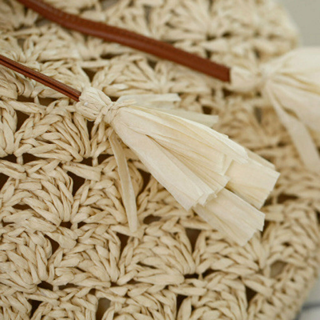 Ladies Handbag Drawstring Tote Straw Woven Purse Beach Shoulder Bag Beige