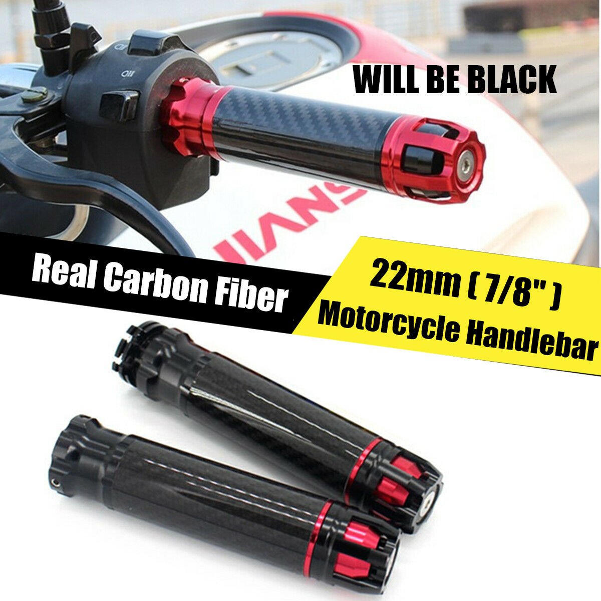 Carbon Fiber 7/8 "  Motorcycle Handlebar Hand Grips Red & Black 22mm