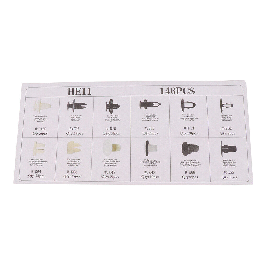 HE11 146Pcs Car Boxed Plastic Fastener Push Type Rivets Bumper Retainer Clip