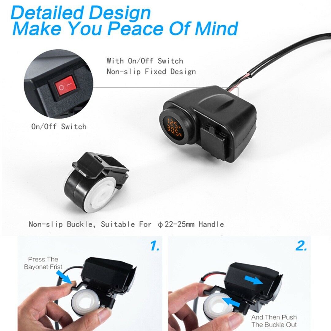 Cell Phone 2 Port USB Charger 2.1A+2.1A LED Voltmeter Thermometer For Motorcycle