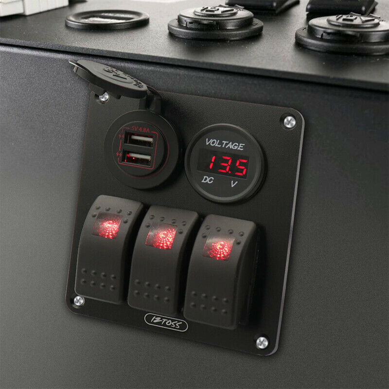 3 Gang Switch Panel 12V/24V Car Boat Yacht Red LED Rocker Breaker Control QC3.0