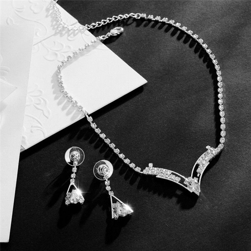 Women's Sparkling V Shaped Rhinestone Crystal Necklace Earring Jewelry Se.l8