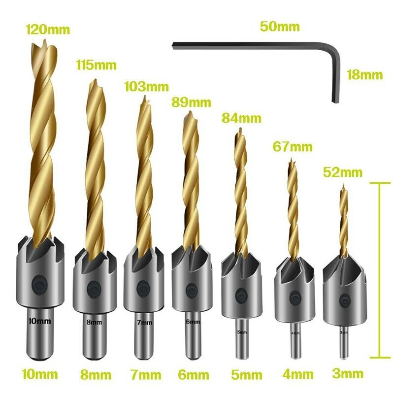 7PCS Countersink Drill Bit, Titanium Plating Drill Bit Set Wood Drill Set WoodK9