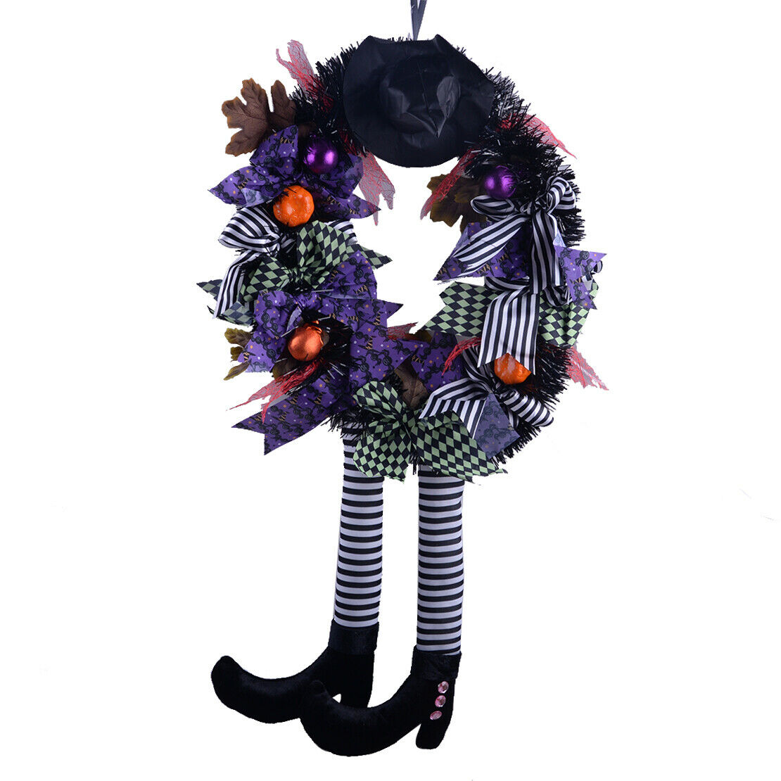 1x 2021 Halloween Wreath With Hat Front Door Wall Hanging Witch Pumpkin Wreath