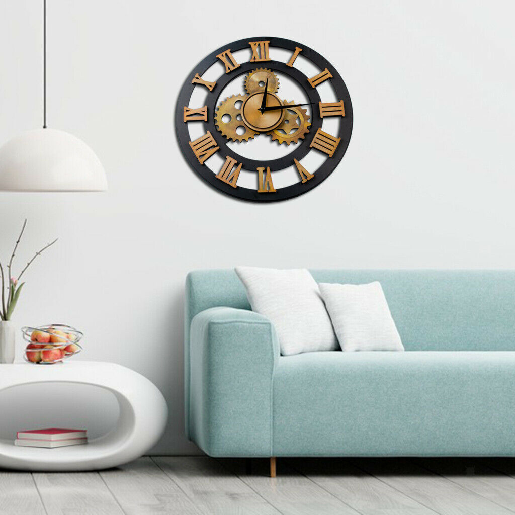 15 inch Large Gear Wall Clock Industrial Roman Numerals Silent Quartz Clock