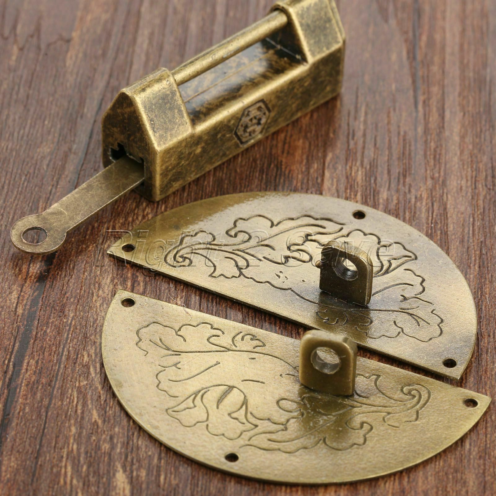 Chinese Old Jewelry Box Latch Catch Hasp & Padlock Set Chest Cabinet Hardware