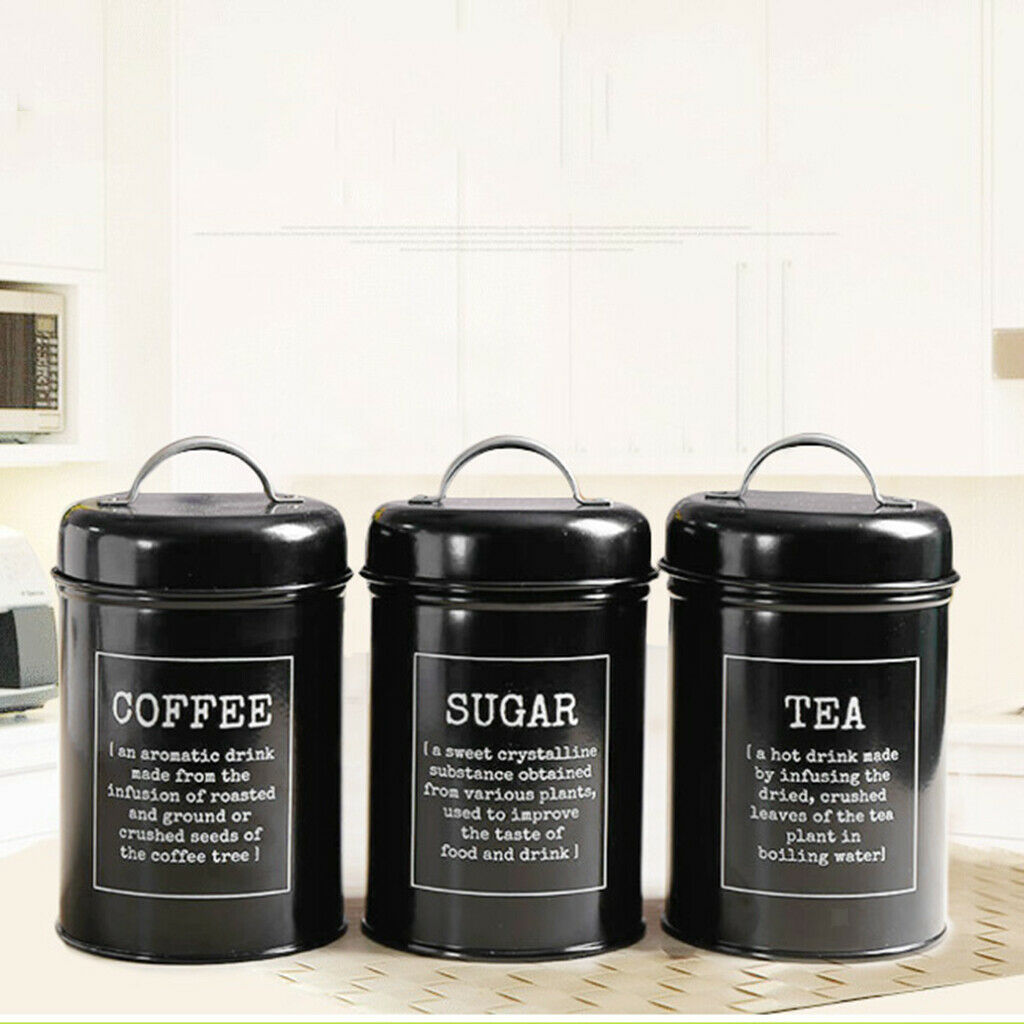 3pcs Tea Coffee Sugar Canisters Metal Kitchen Storage Tin Jars Pots Black