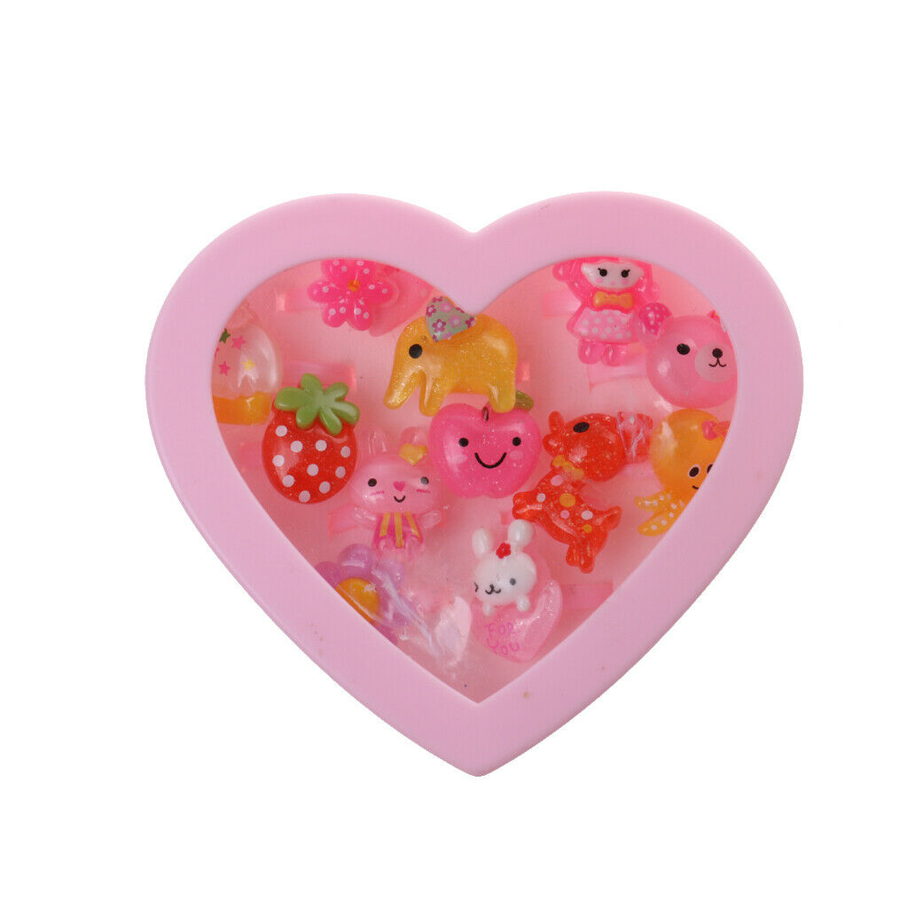 2x Kids Pink Plastic Rings with Heart Gift Box Girls Jewelry Set Xmas Gift 12pcs