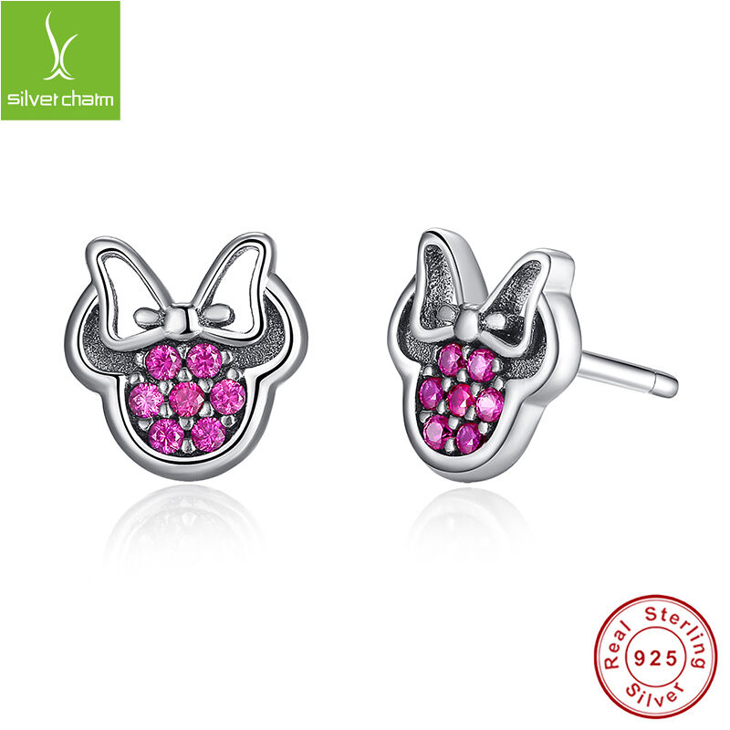 European 925 Sterling Earring With Authentic Red Clear CZ Minnie's Sparkling Bow