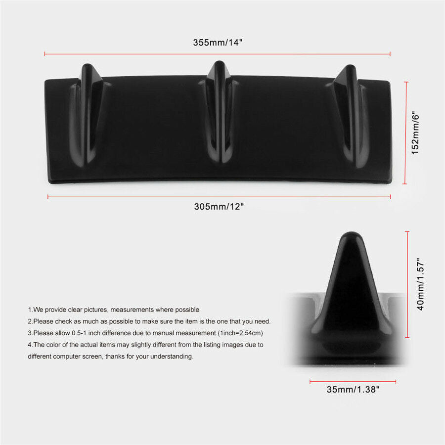 1xUniversal Rear Bumper Lip Chassis Diffuser Spoiler 3 Fin Shark Fin Style Gloss