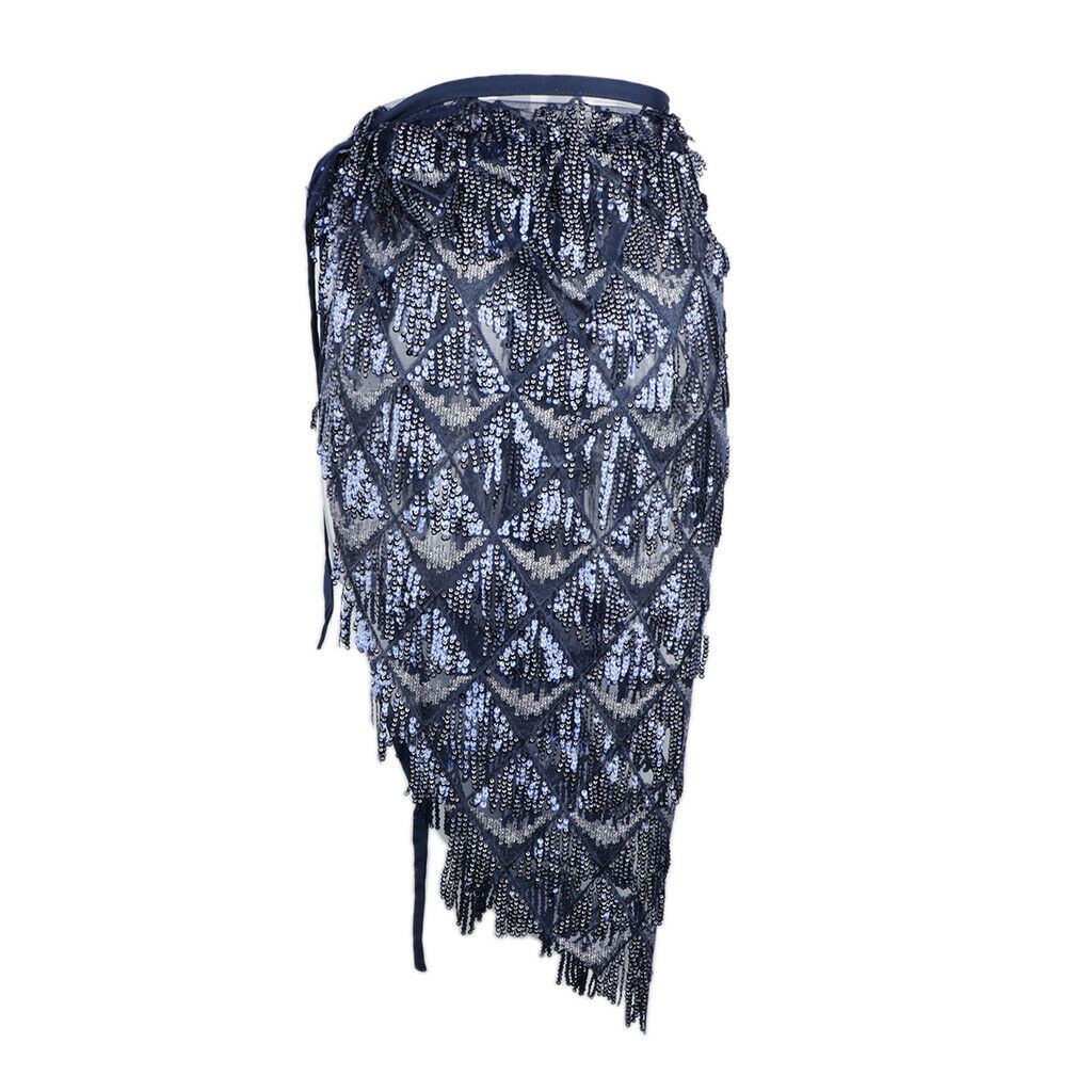 Women Long Hip Scarf for Belly Dance Costume with Sequin Tassel Dark Blue S