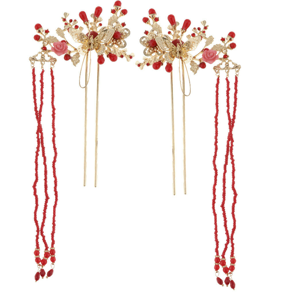 Chinese Ancient Red Crystal Hair Stick Tiara Crown Wedding Bride Headdress