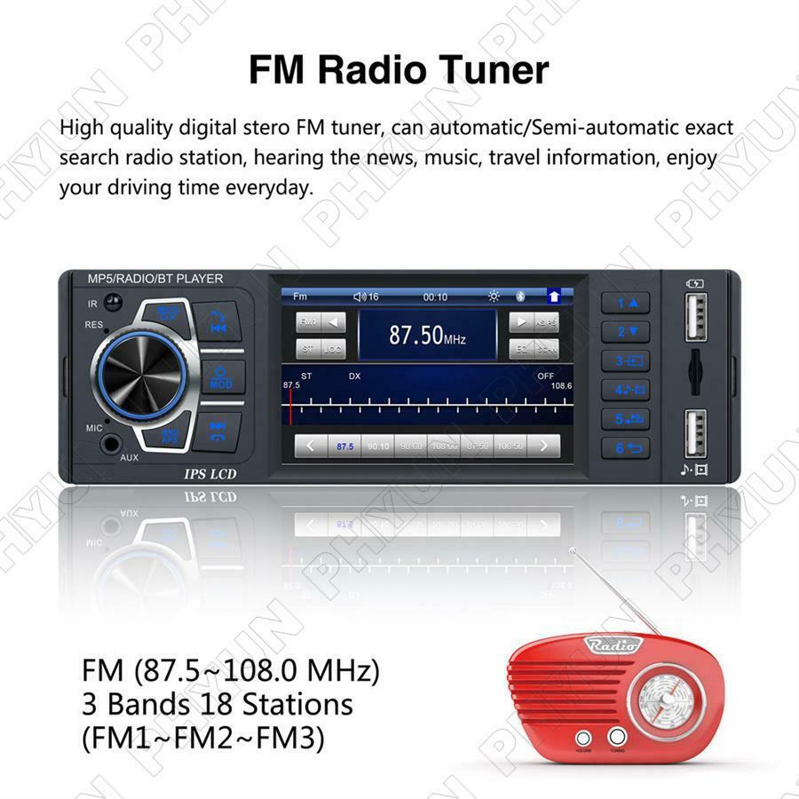3.8" Car Radio FM Player IPS Screen Bluetooth Steering Wheel Control w/ Remote