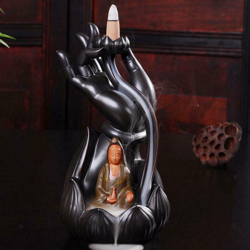 Ceramic Incense Smoke Cone Burner Backflow Censer Holder Decor Gray Guanyin