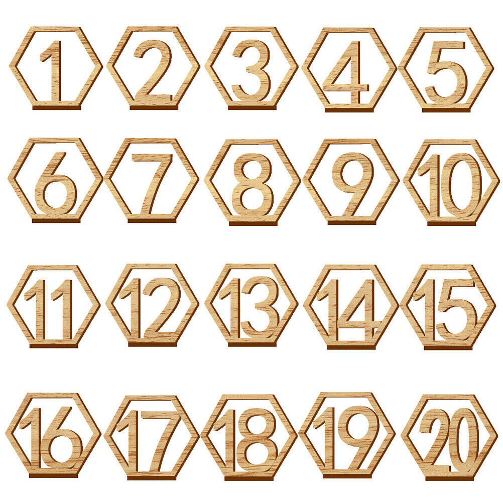 20pcs Hexagon 1-20 Wooden Table Numbers with Holder Base Wedding Table DecDD