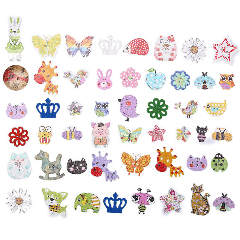 50pcs Mixed Animals Wooden Buttons Scrapbooking Crafts DIY Children Button De_DD