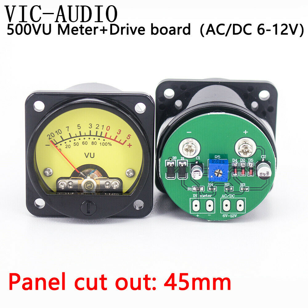 2Pcs Panel Meter 500VU Yellow Backlight + 2Pcs VU Meter Driver Board DC/AC 6-12