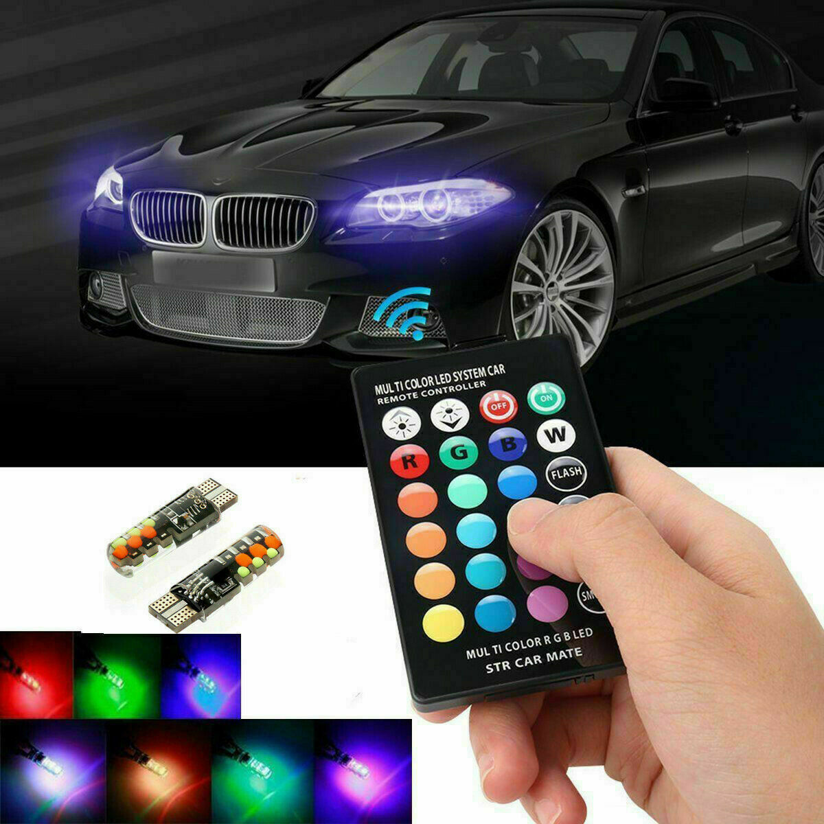 2X T10 5050 W5W 6 SMD Remote Control RGB LED Car Dome Reading Lights Lamps Bulbs