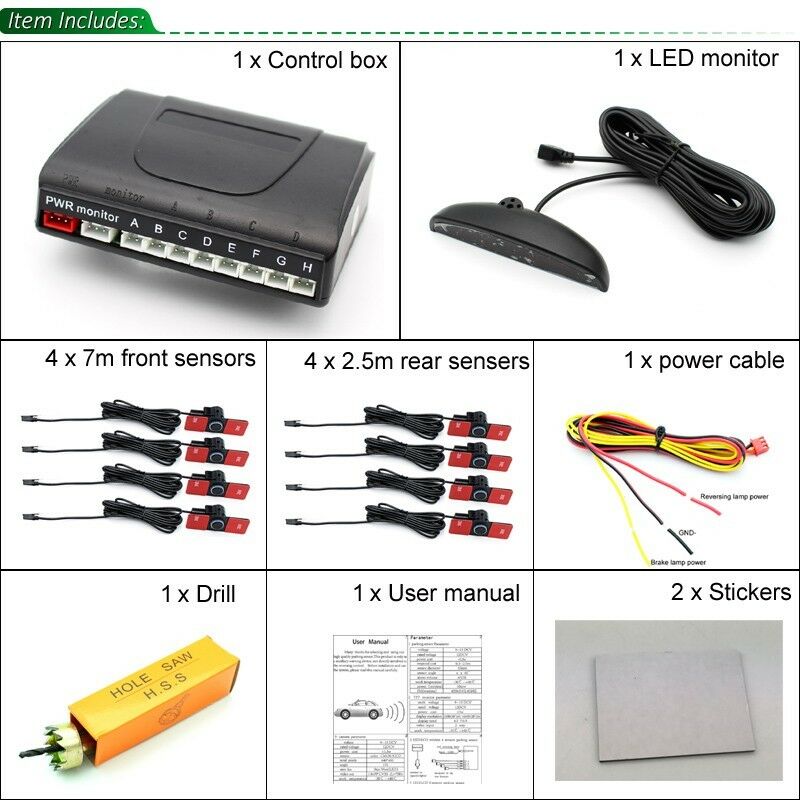 12V Car Video Parking Sensor Reverse Backup Radar LED Display Monitor 8 Sensors