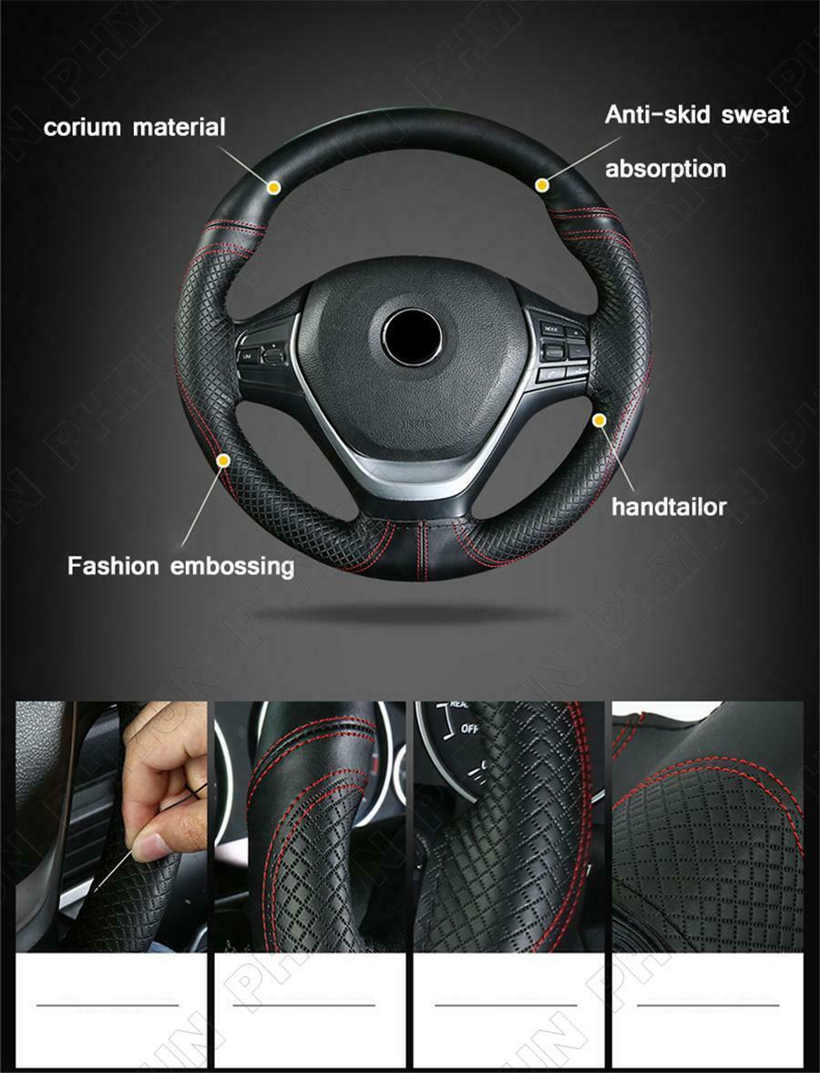 38cm Universal Car Steering Wheel Cover Black Cowhide Leather Red Line DIY Sew