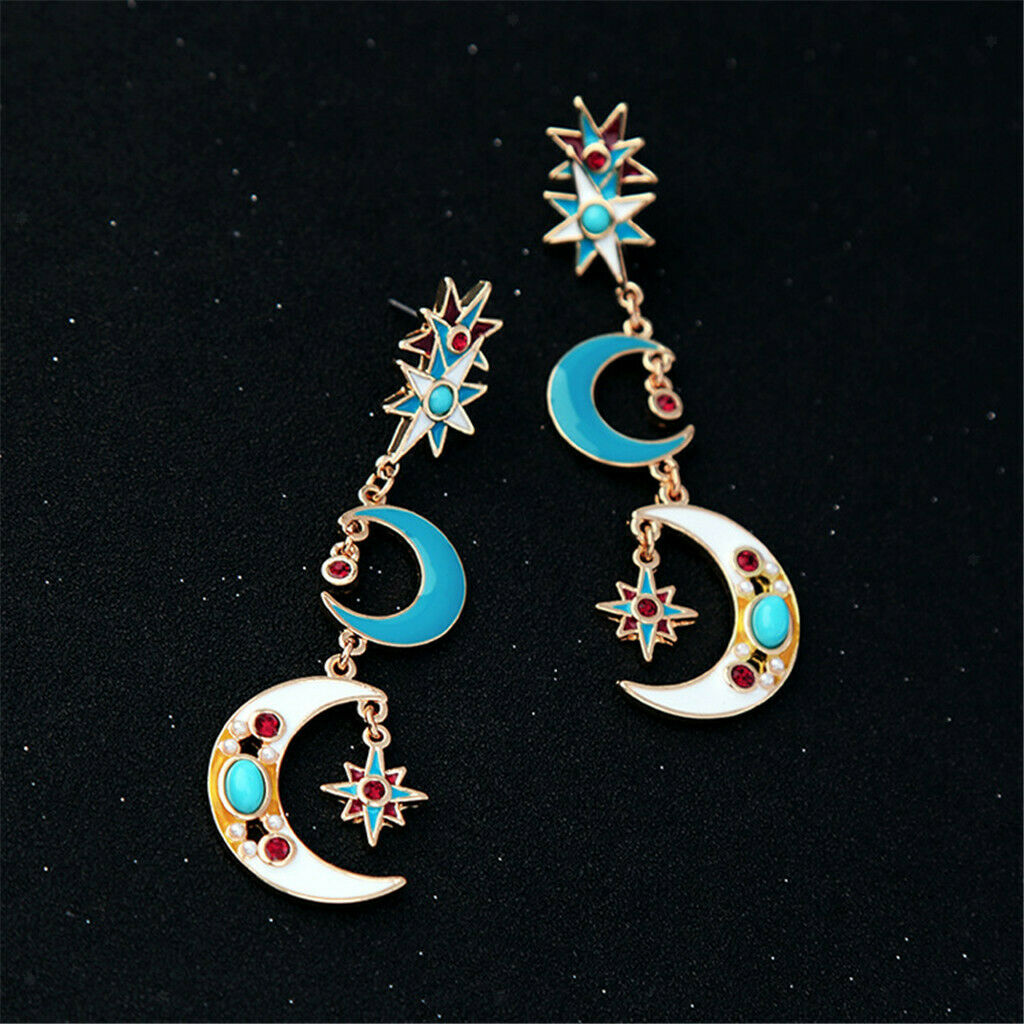 Metal Alloy Cute Charms Long Tassel Earrings Enamel Star Moon Stud Dangle