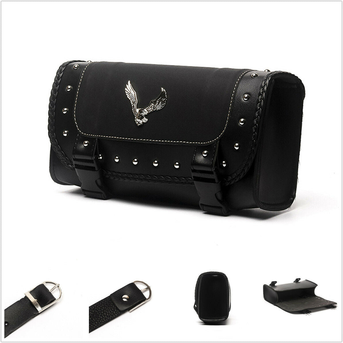 Motorcycle PU Leather Side Bag Saddle Bags Black For Sportster Kawasaki
