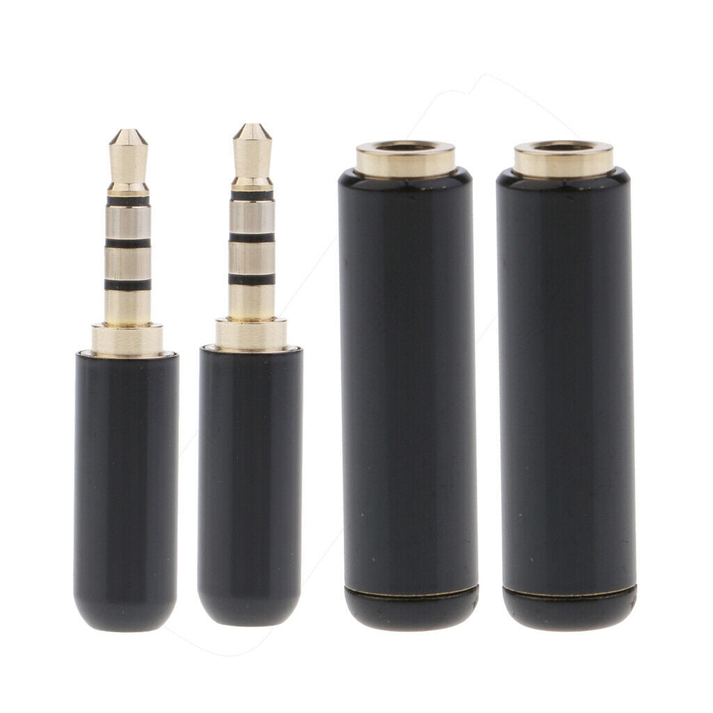 2PCS 3.5mm 1/8" Jack 4 Pole Stereo Audio Male Plug + Female Jack Soldering Black
