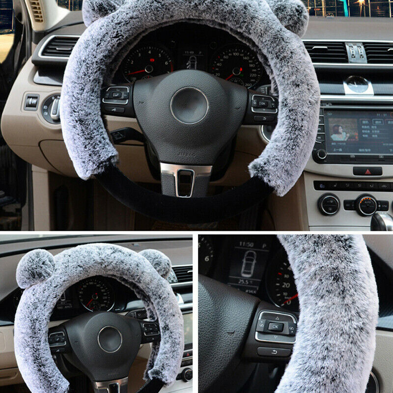 3Pcs/Set Fur Wool Furry Fluffy Thick Car Steering Wheel Cover Gray  Winter 38cm