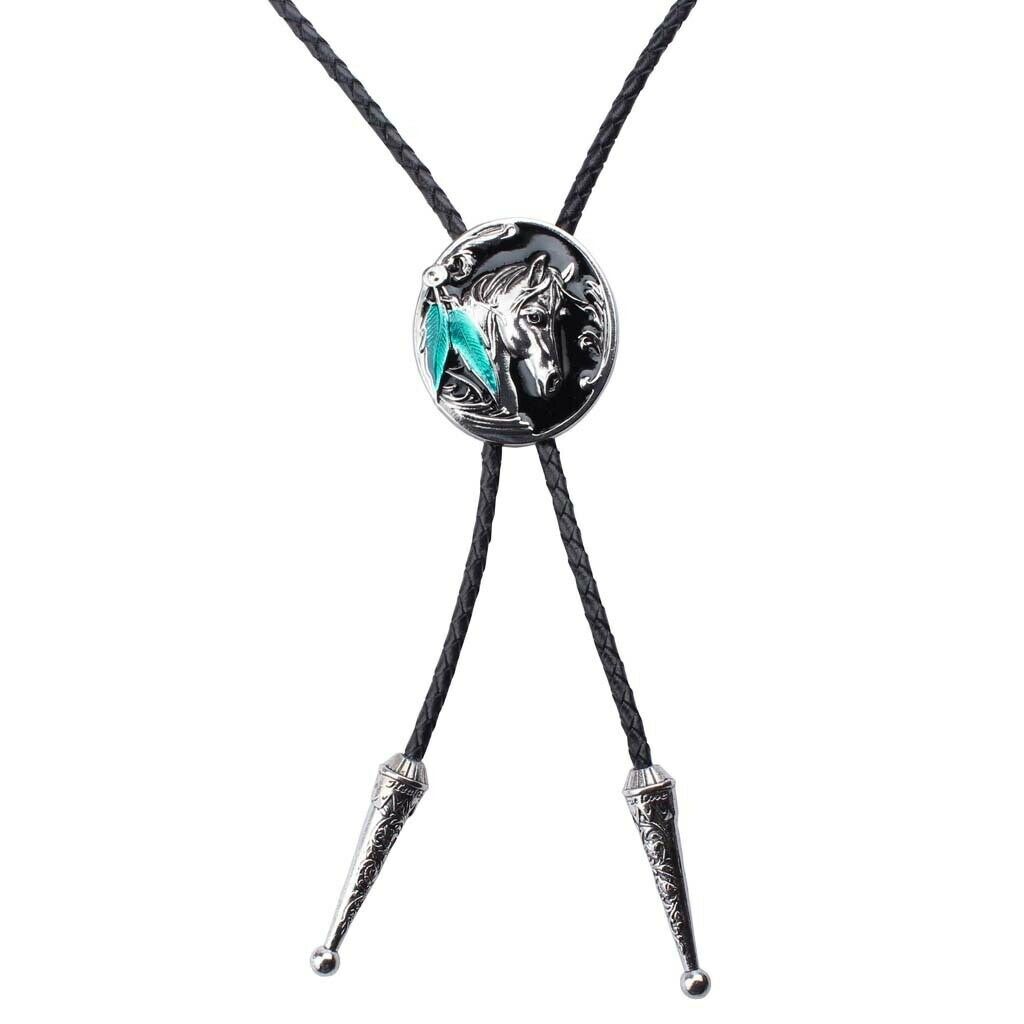 Men Women Bolo Tie Western Cowboy Rodeo PU Leather Necklace Cool Gift Black