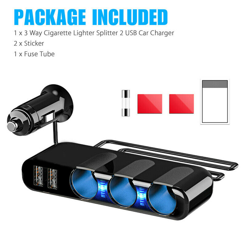 3Way 12/24V Charger Dual USB Car Cigarette Lighter Socket Power Adapter Splitter