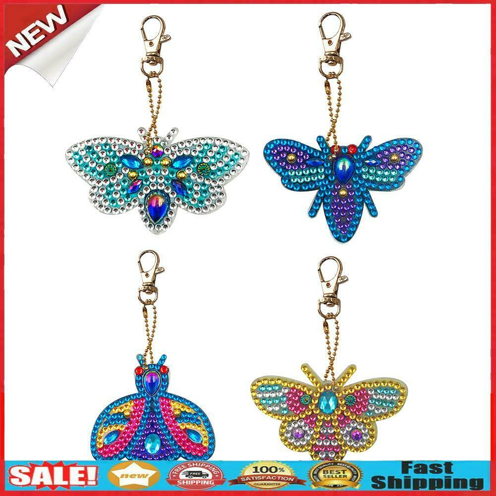 4pcs Full Drill Diamond Key Chain Bee Pendant Cross Stitch Keyrings Art Craft @