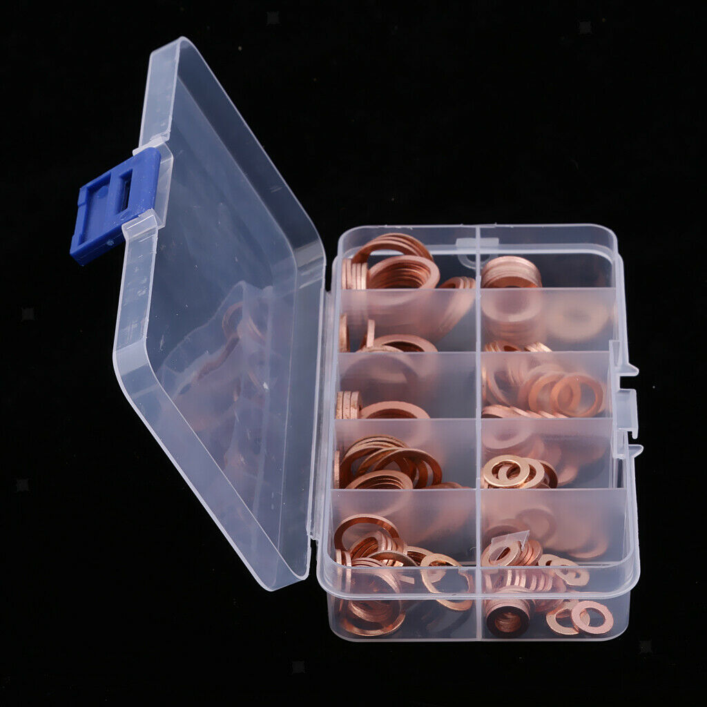200 Pieces Flat Ring Copper Washer Gasket Assortment Set with Box