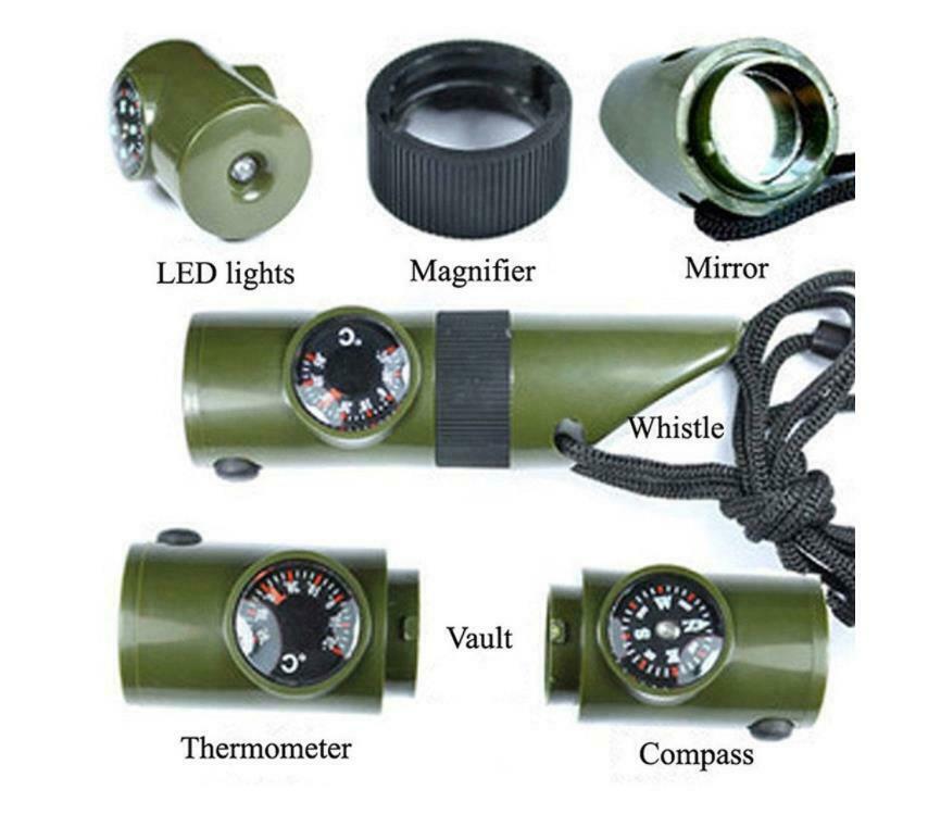 7in1Outdoor Lifesaving Whistle Compass Thermometer LED Flashlight Fire Magnifier