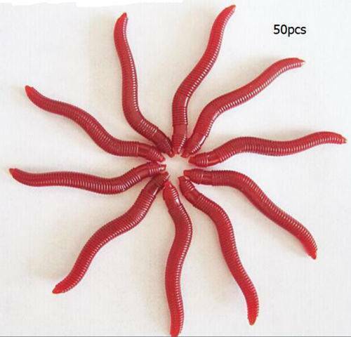 50x Red Earthworm Soft Worm Fishing Lures Bait Hooks Baits Tackle Crankbaits Kit