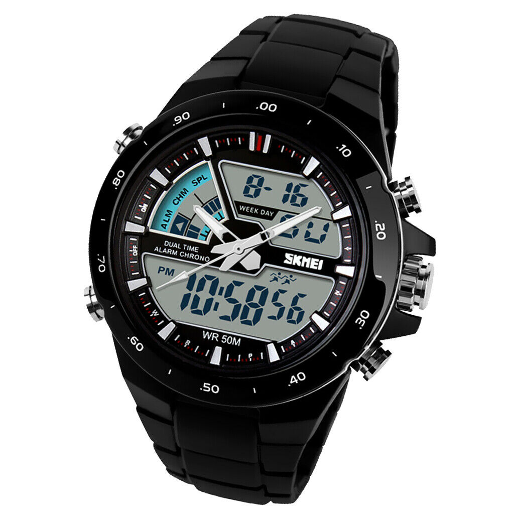 Unisex Sports Watch Dual Time Led Light 50M Waterproof Light Black and White