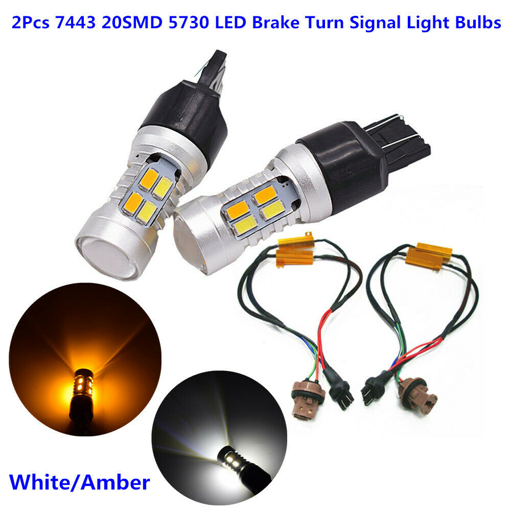 2x 7443 20SMD LED Chip White/Amber Brake Turn Signal Light Side Marker Bulb Lamp