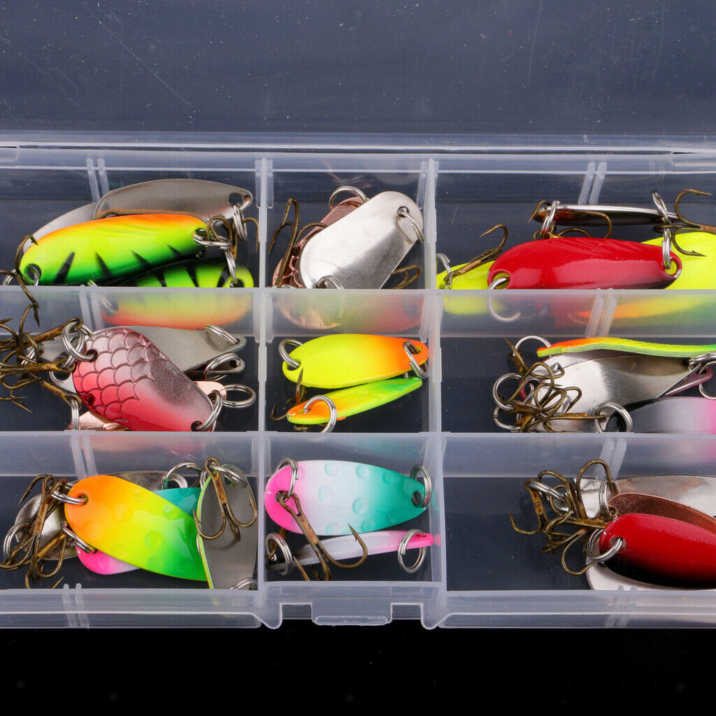 30pcs Metal Spoon Bait Bass Trout Salmon Fishing Lure Treble Hooks 3 Sizes