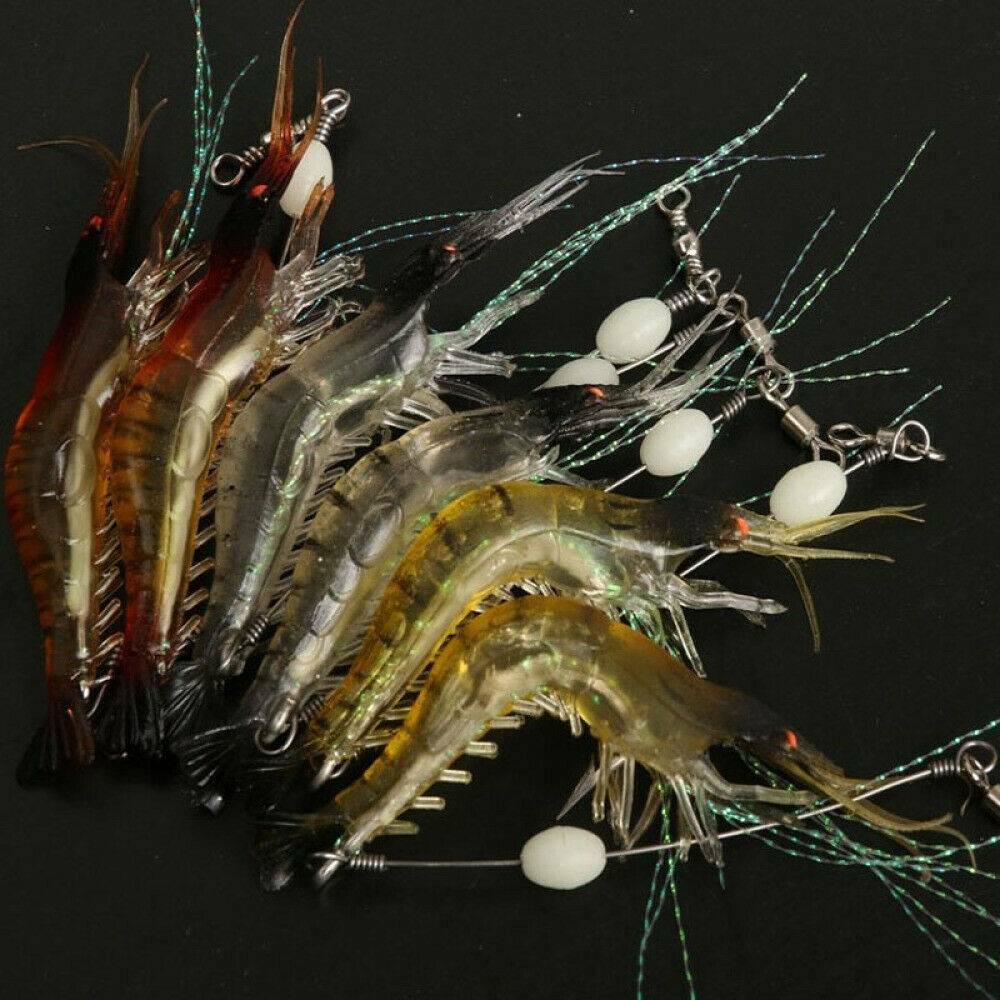 6x 9cm 6g Luminous Fishing Lure Bait Artificial Shrimp Lures Soft Plastics Hooks