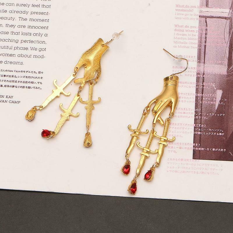 Golden Hand Dagger Drop Earrings Gothic Witchy Hand Red Crystal Dangle Earrings