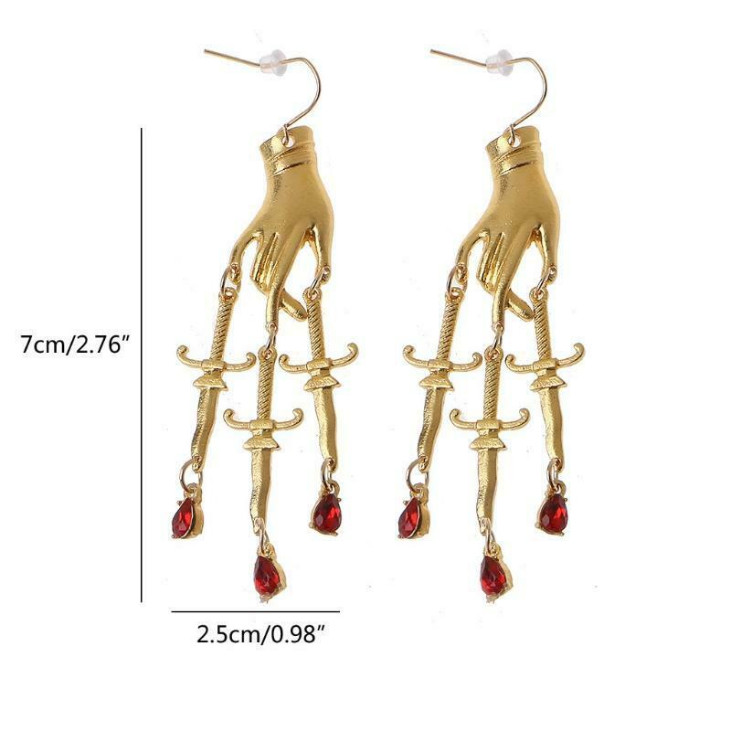 Golden Hand Dagger Drop Earrings Gothic Witchy Hand Red Crystal Dangle Earrings