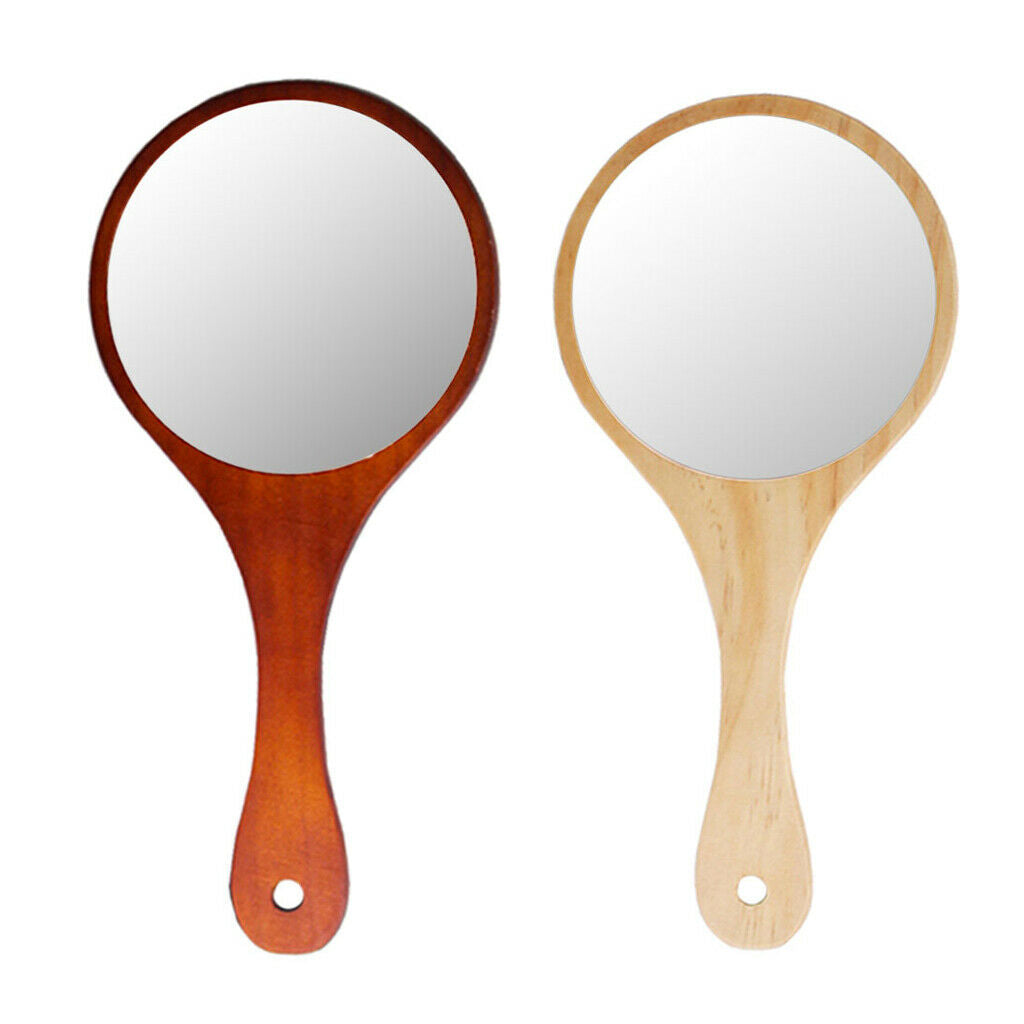 2Pcs Portable Wooden Hand Vanity Mirror with Handle for Home Travel Wood